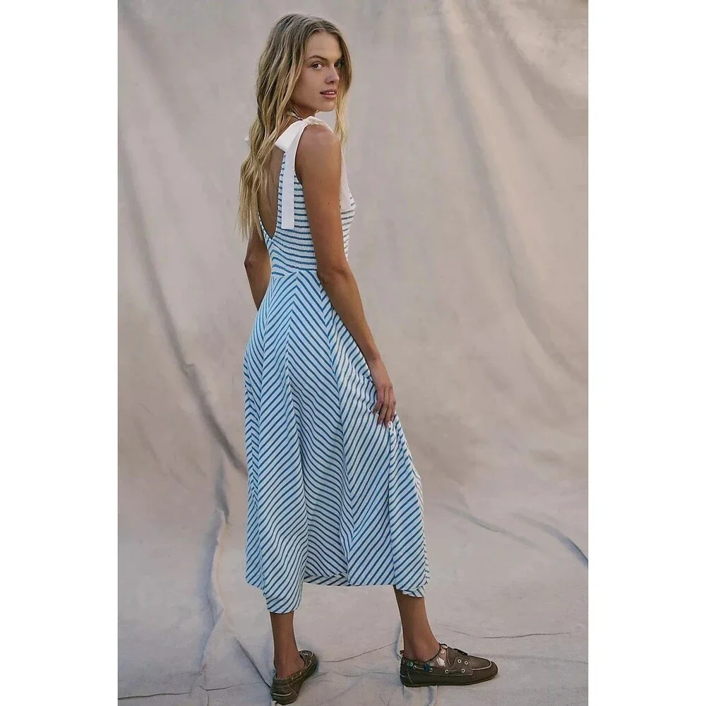 Free People Free-est Cecelia Midi Dress Striped Printed Smocked Cotton M 286355